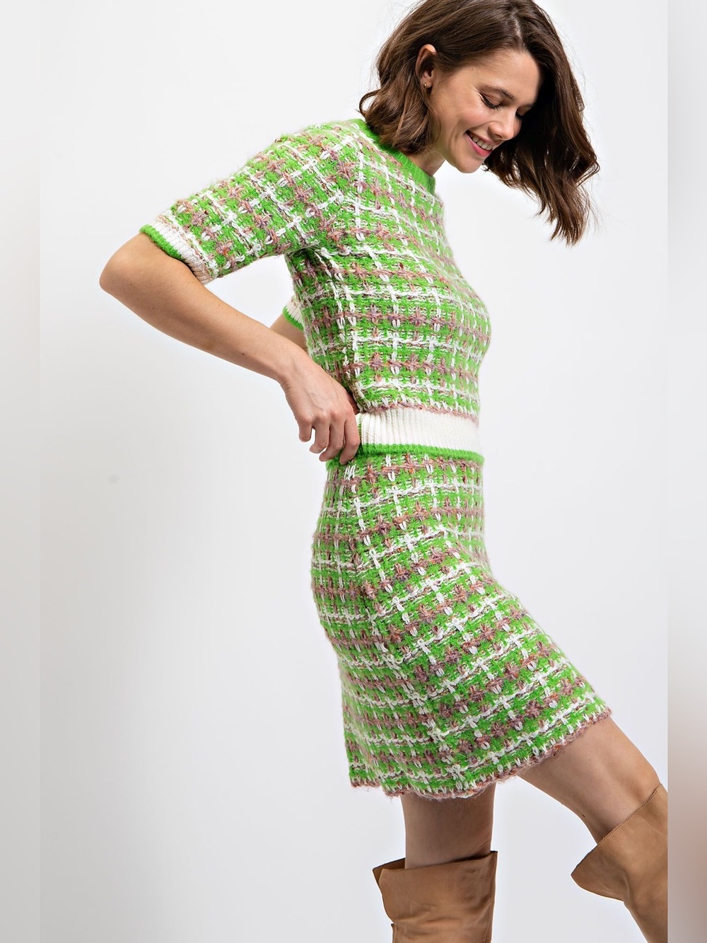 Easel Totally Buggin Tweed Sweater Top Lime Green Plaid 99s Clueless New Medium - Picture 10 of 14